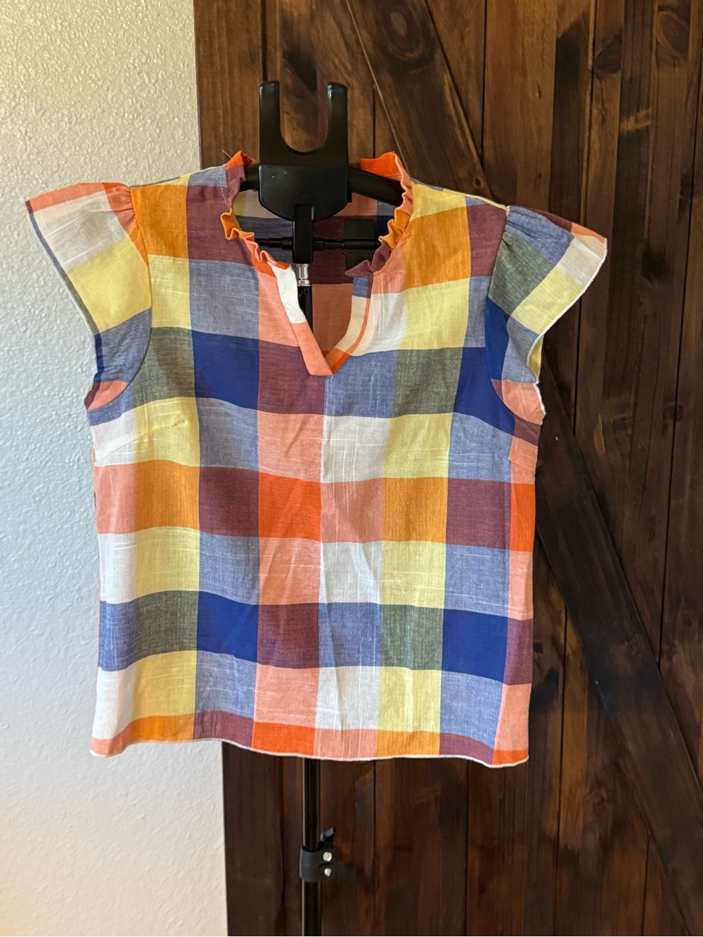 SHEIN Multicolor Check Flutter Sleeve Top - Orange/Blue/Yellow/Cream